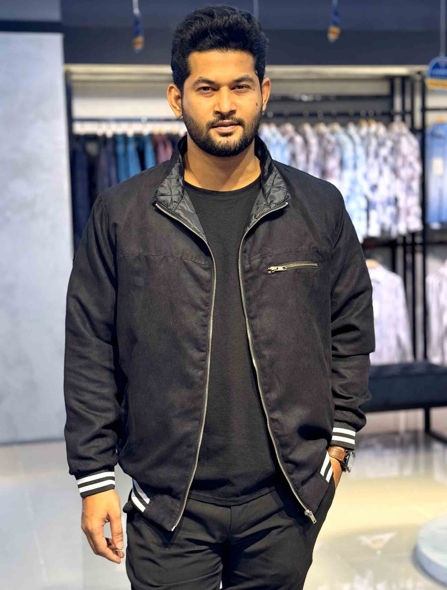 Coal black solid suede leather premium jacket
