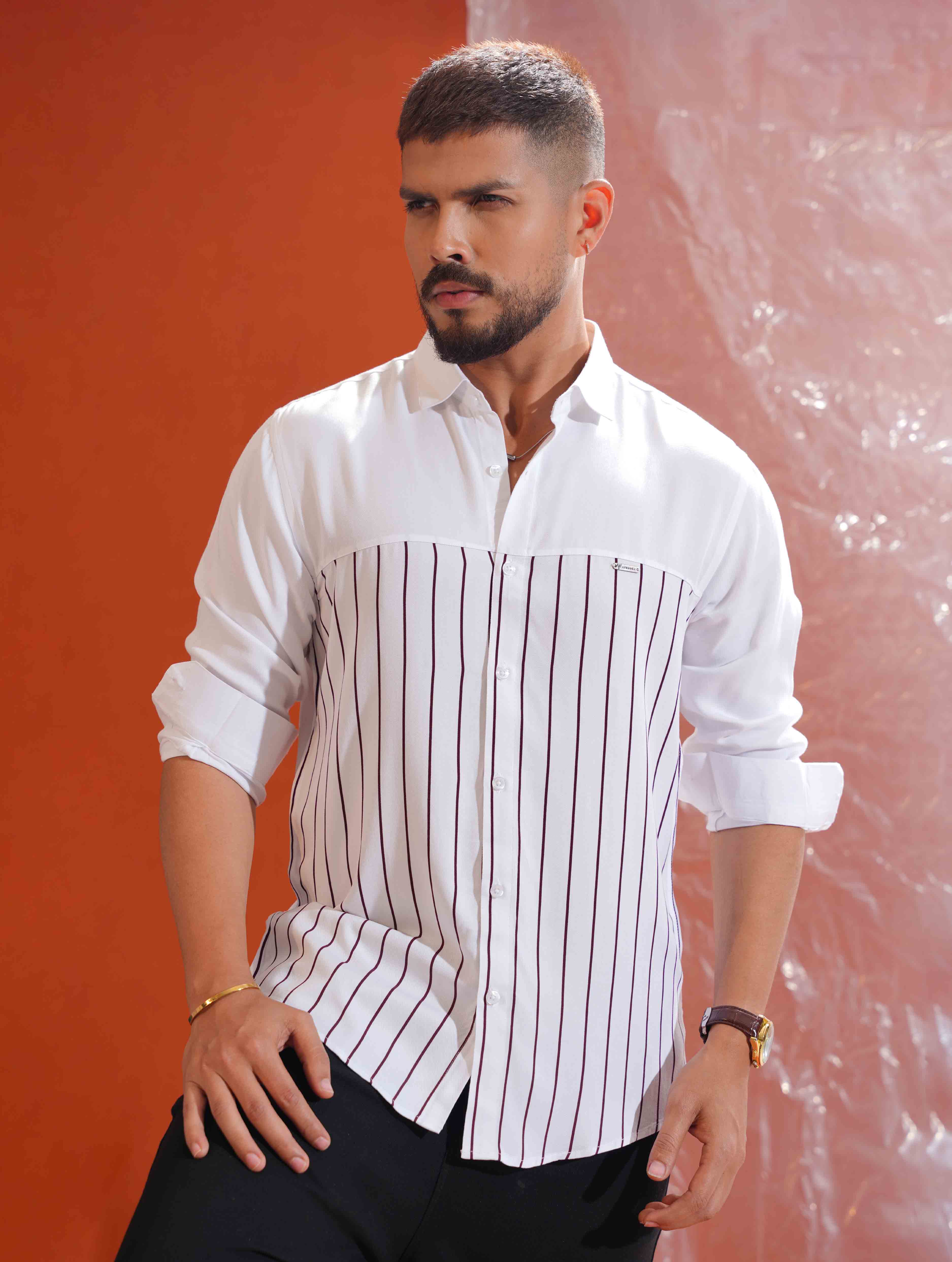 White Chest  thin Stripe Contrast Full sleeve Shirt