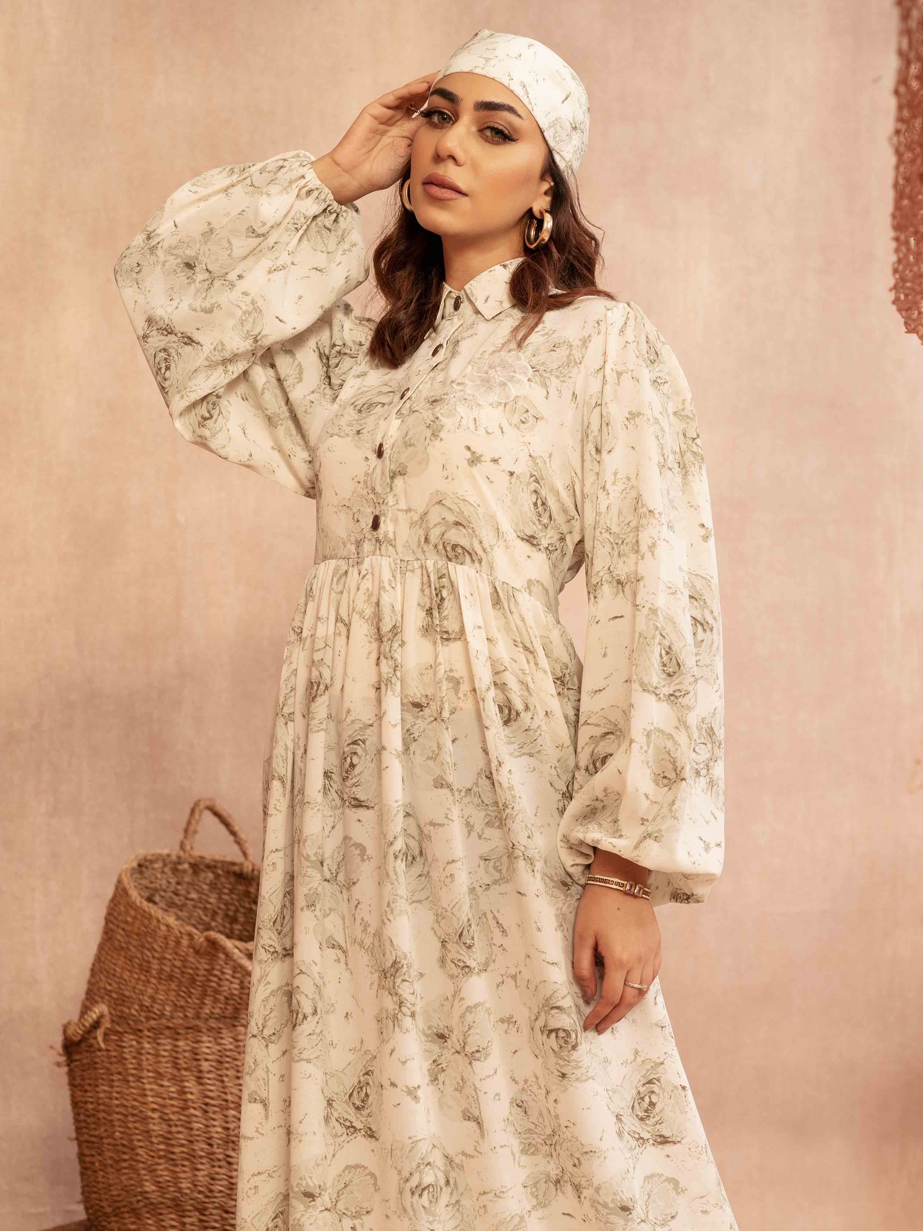 White Paste printed Female Long Gown
