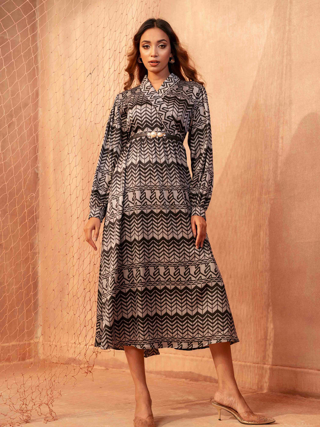 Ash Color With Black Zigzag Printed Semi Long Dress