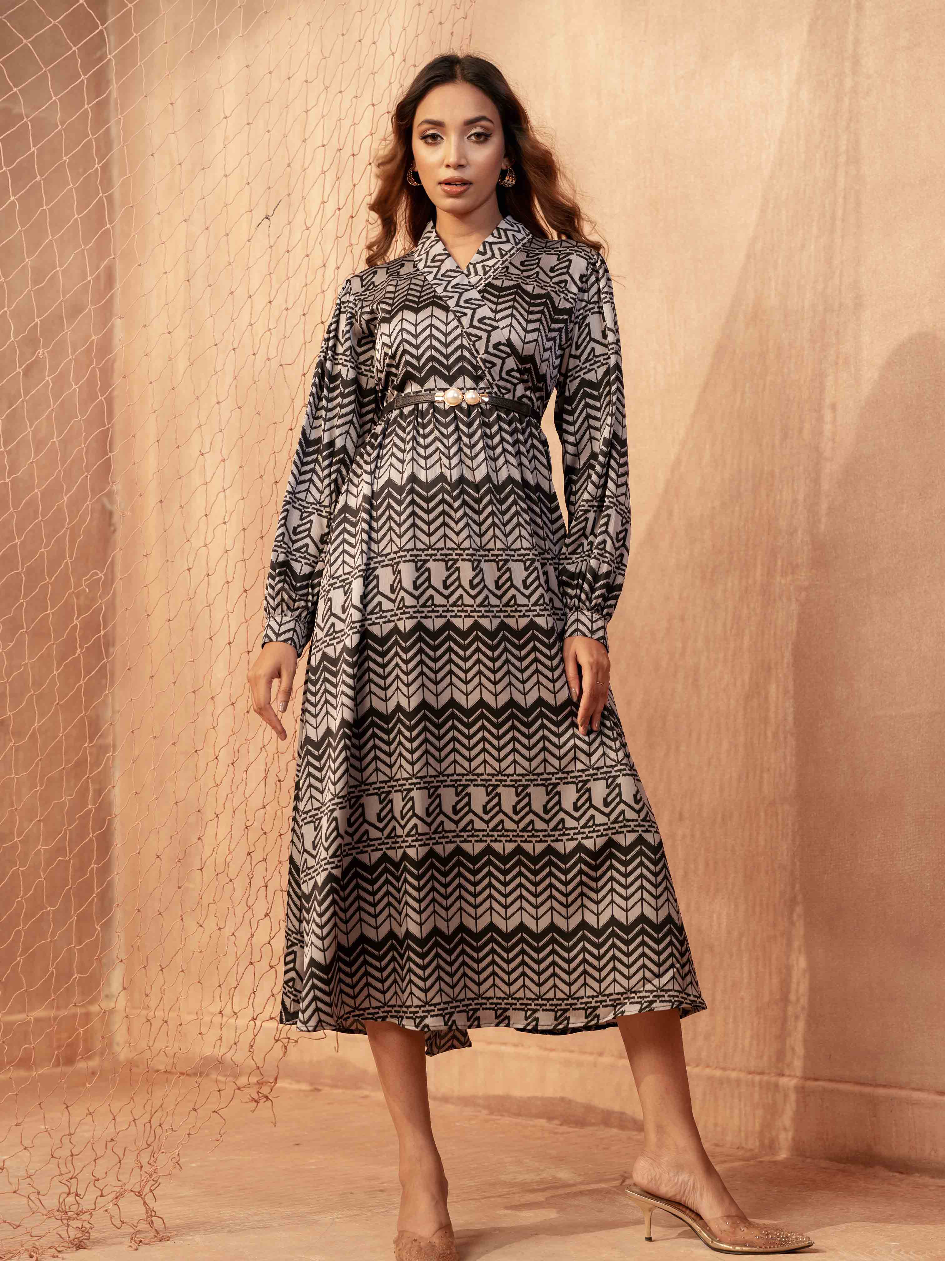 Ash Color With Black Zigzag Printed Semi Long Dress