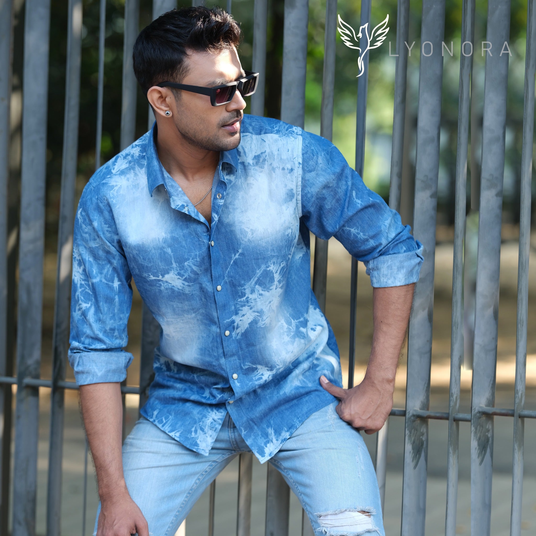 Blue Tie-dye wash printed denim full sleeve shirt