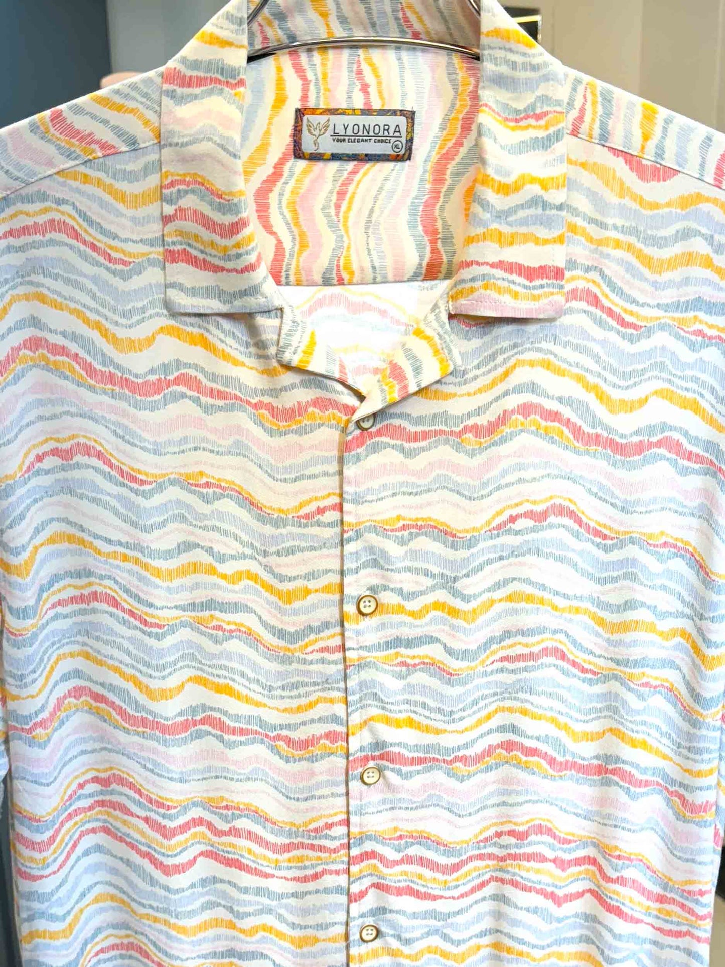 White-yellow-pink printed linen havana shirt