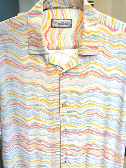 White-yellow-pink printed linen havana shirt