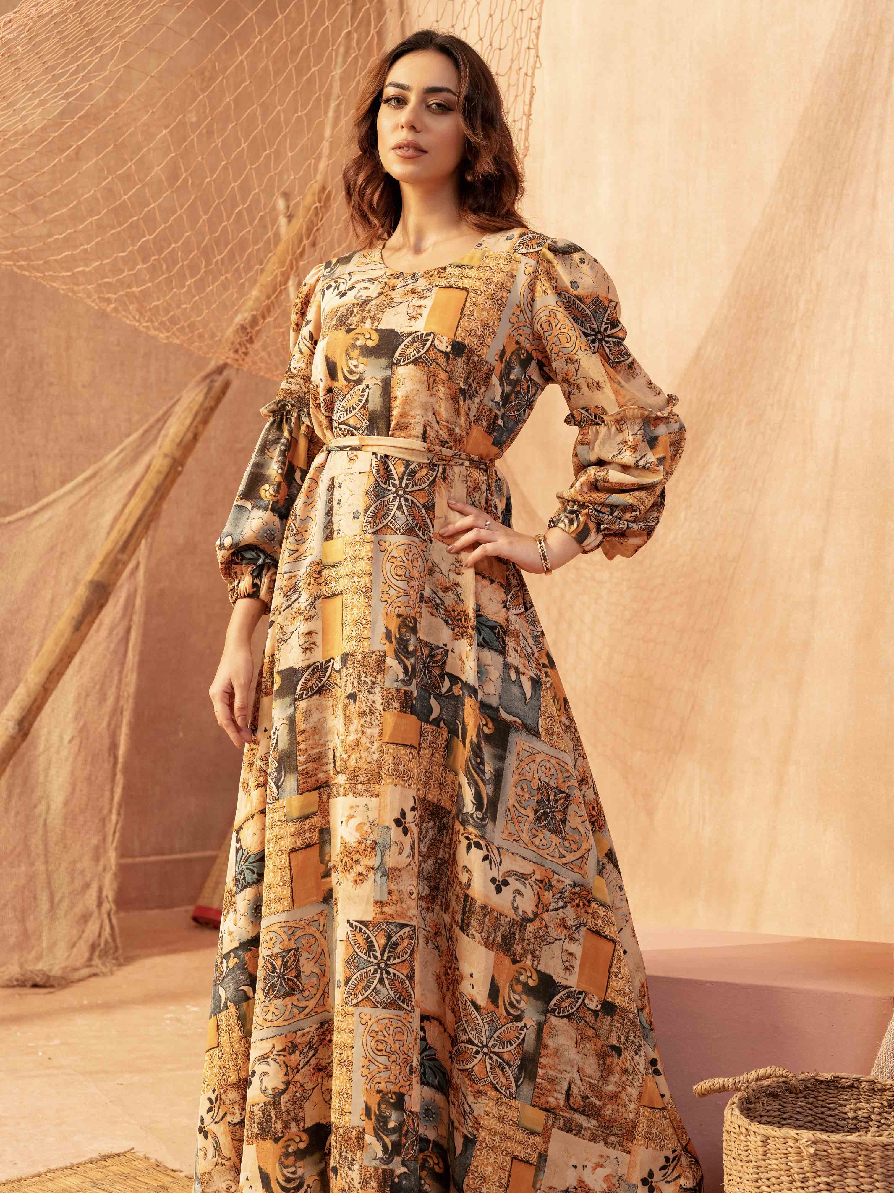 Orange Cream sankha printed Female Long Gown