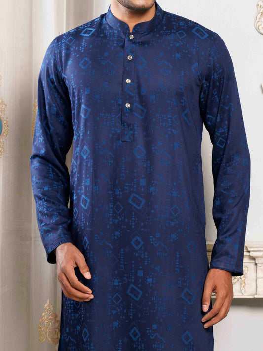 Blue block printed bamboo silk panjabi