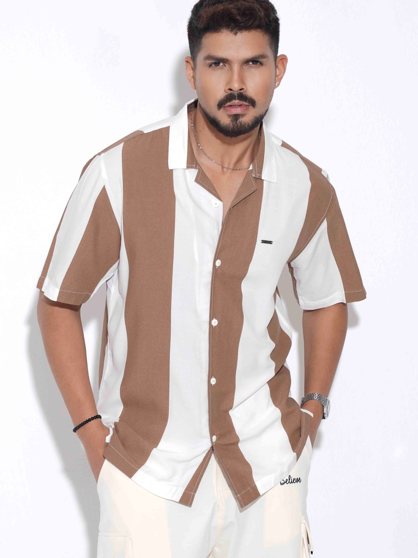 White Brown thick stripe fancy fabric havana shirt