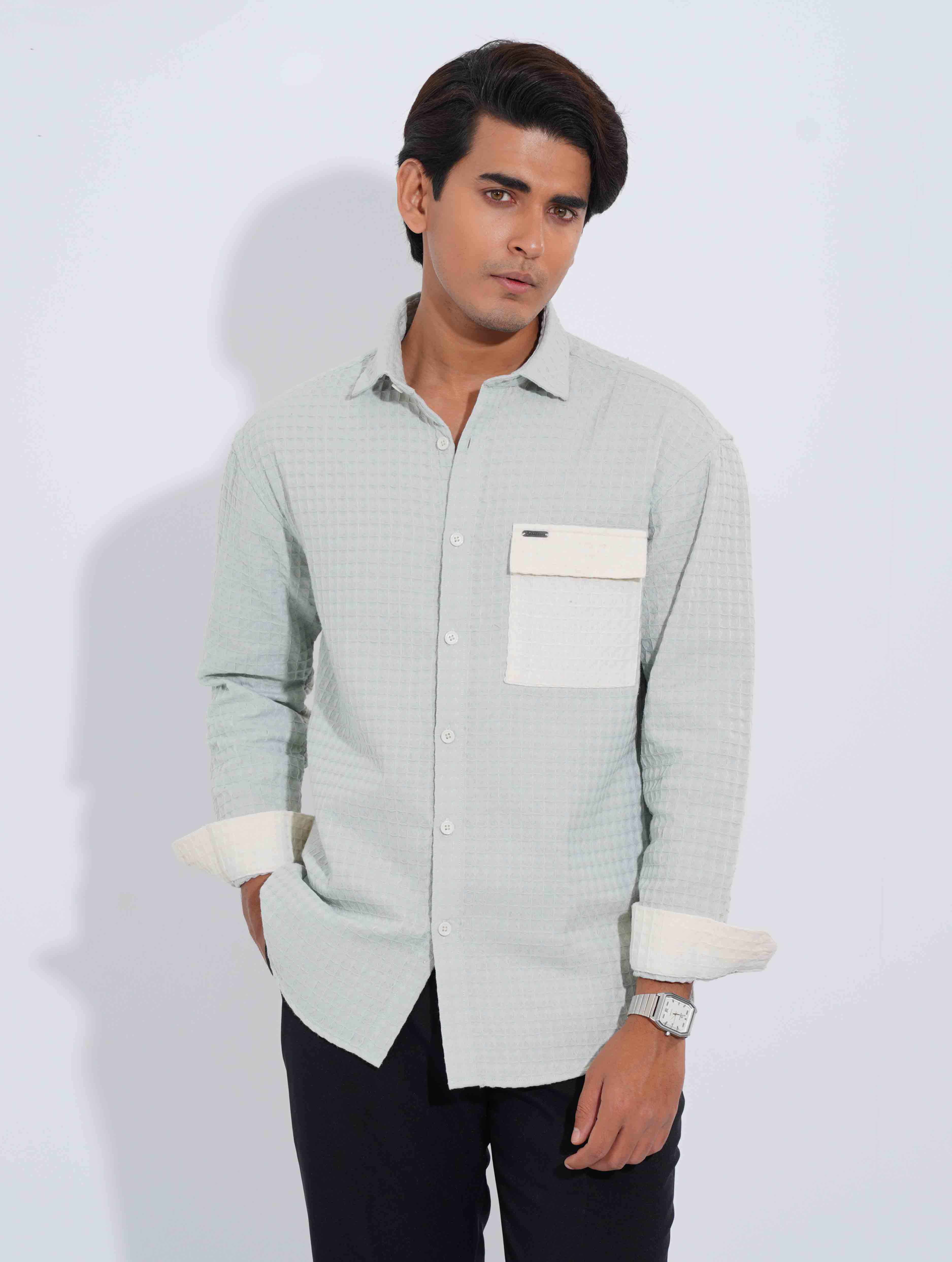 Paste - White Hand and pocket Contrast waffle Fabric Full Sleeve