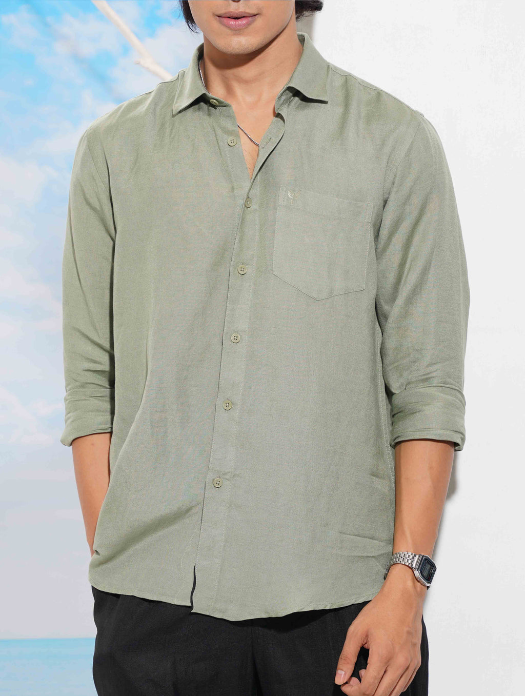 Light olive Solid Remi Cotton Full sleeve shirt