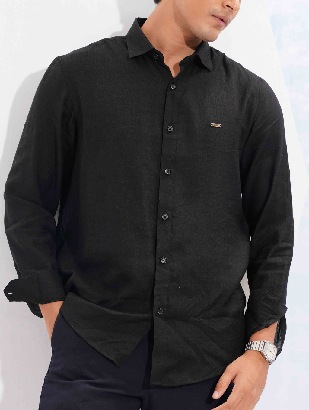 Black solid fancy cotton full sleeve shirt