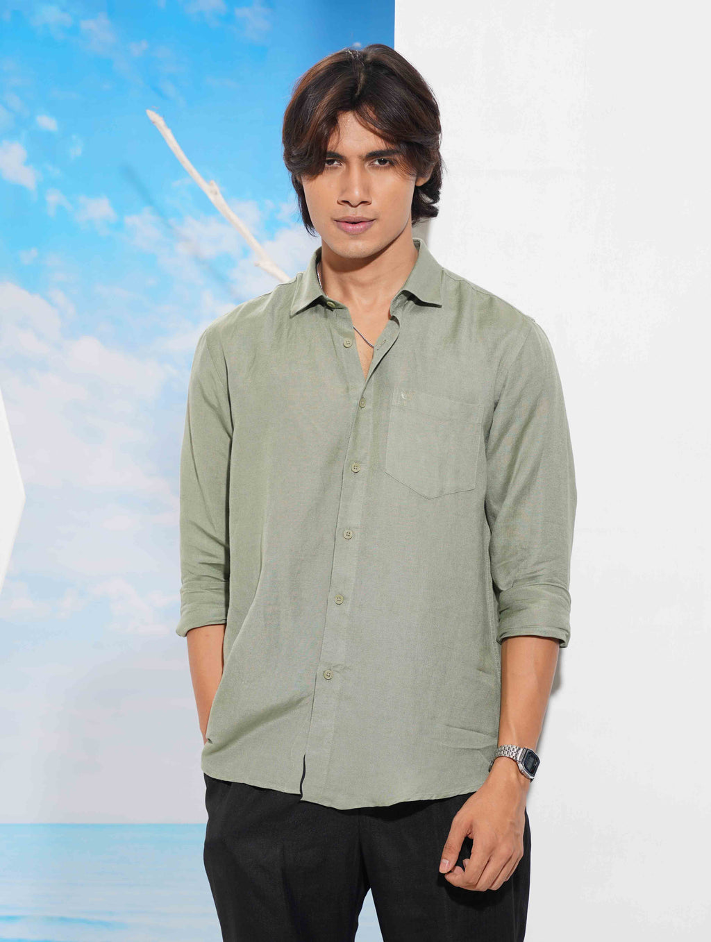 Light olive Solid Remi Cotton Full sleeve shirt
