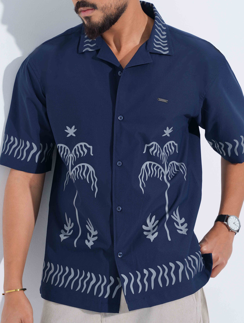 Blue ash Tree Printed Drop-Shoulder Half Shirt