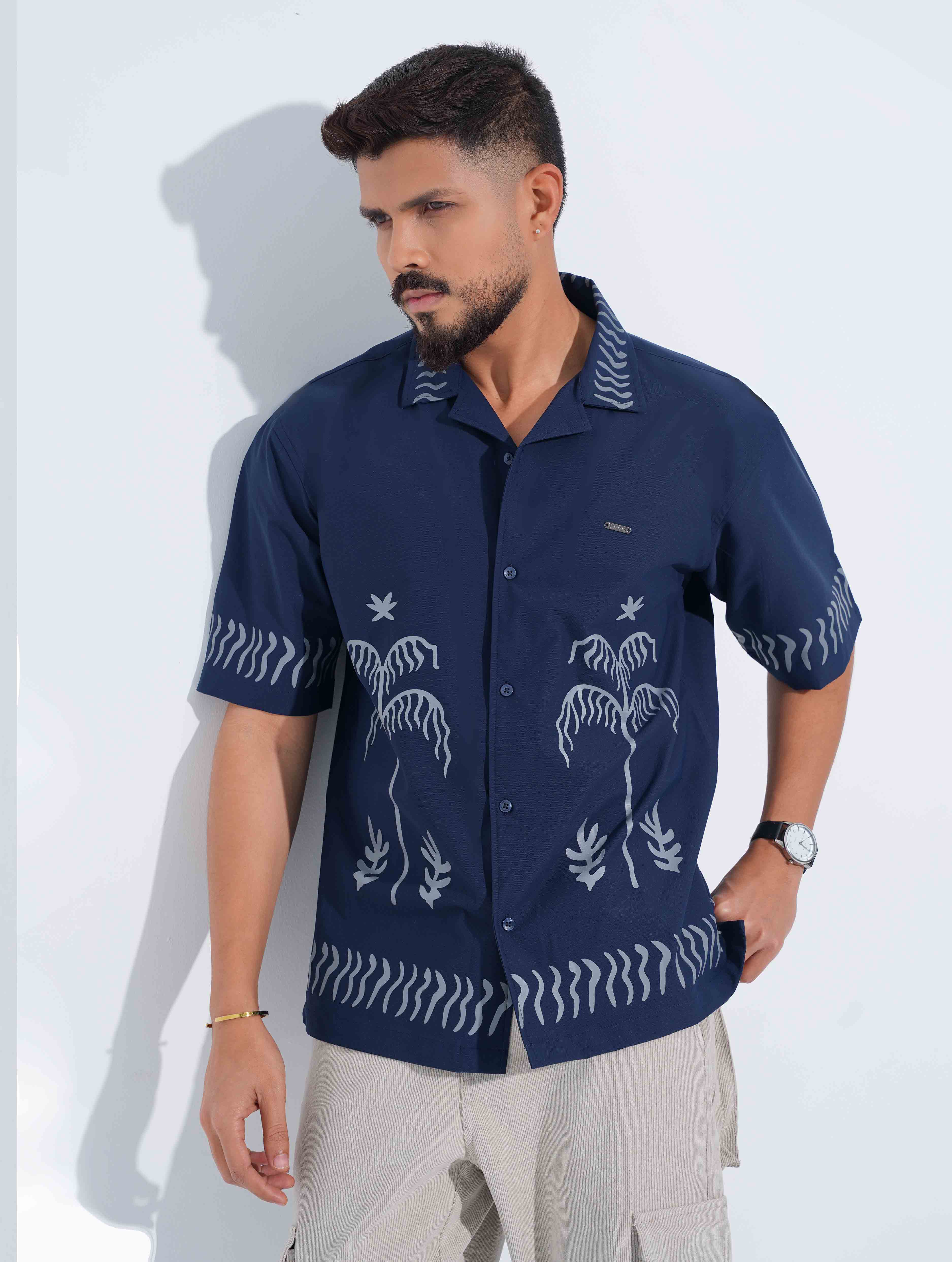 Blue ash Tree Printed Drop-Shoulder Half Shirt