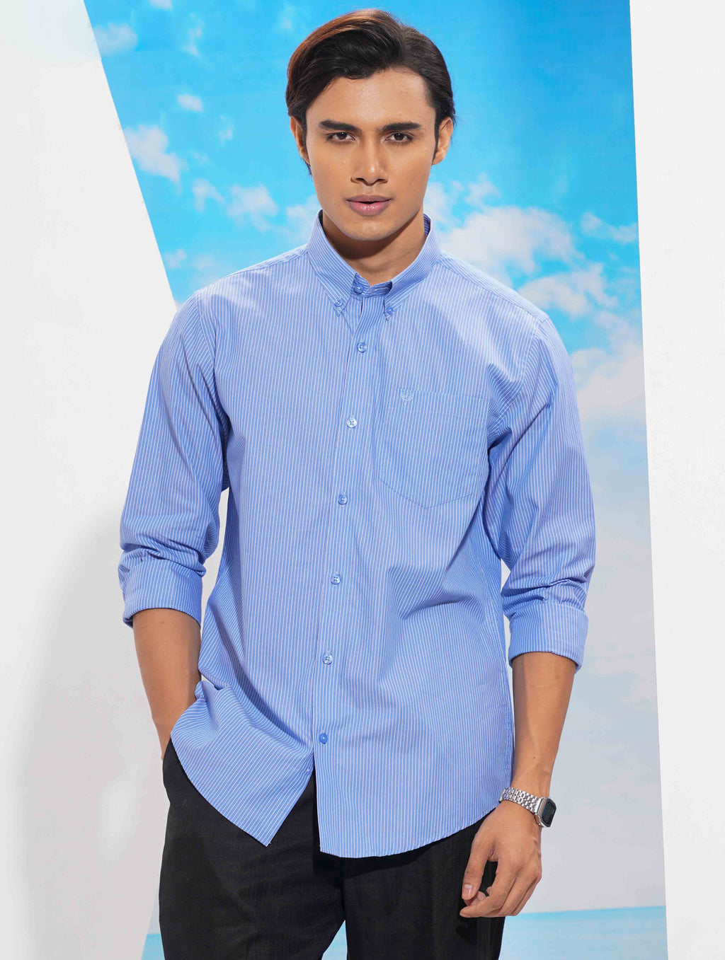 Sky blue stripe collar button formal shirt