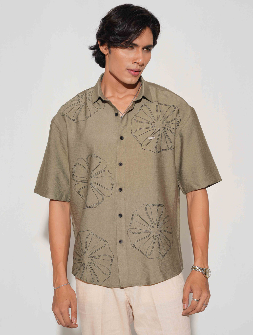 Olive chest printed drop shoulder shirt