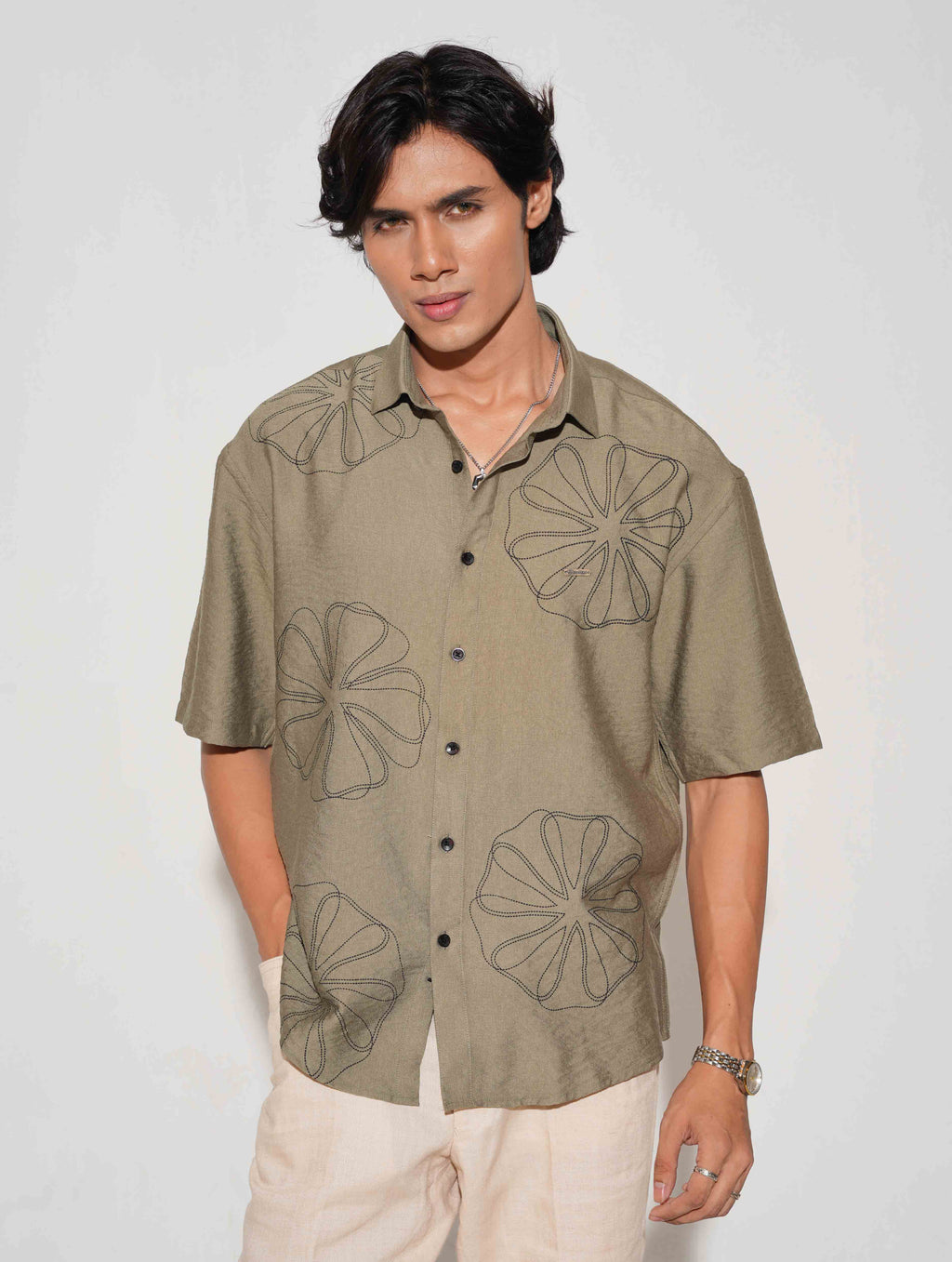 Olive chest printed drop shoulder shirt