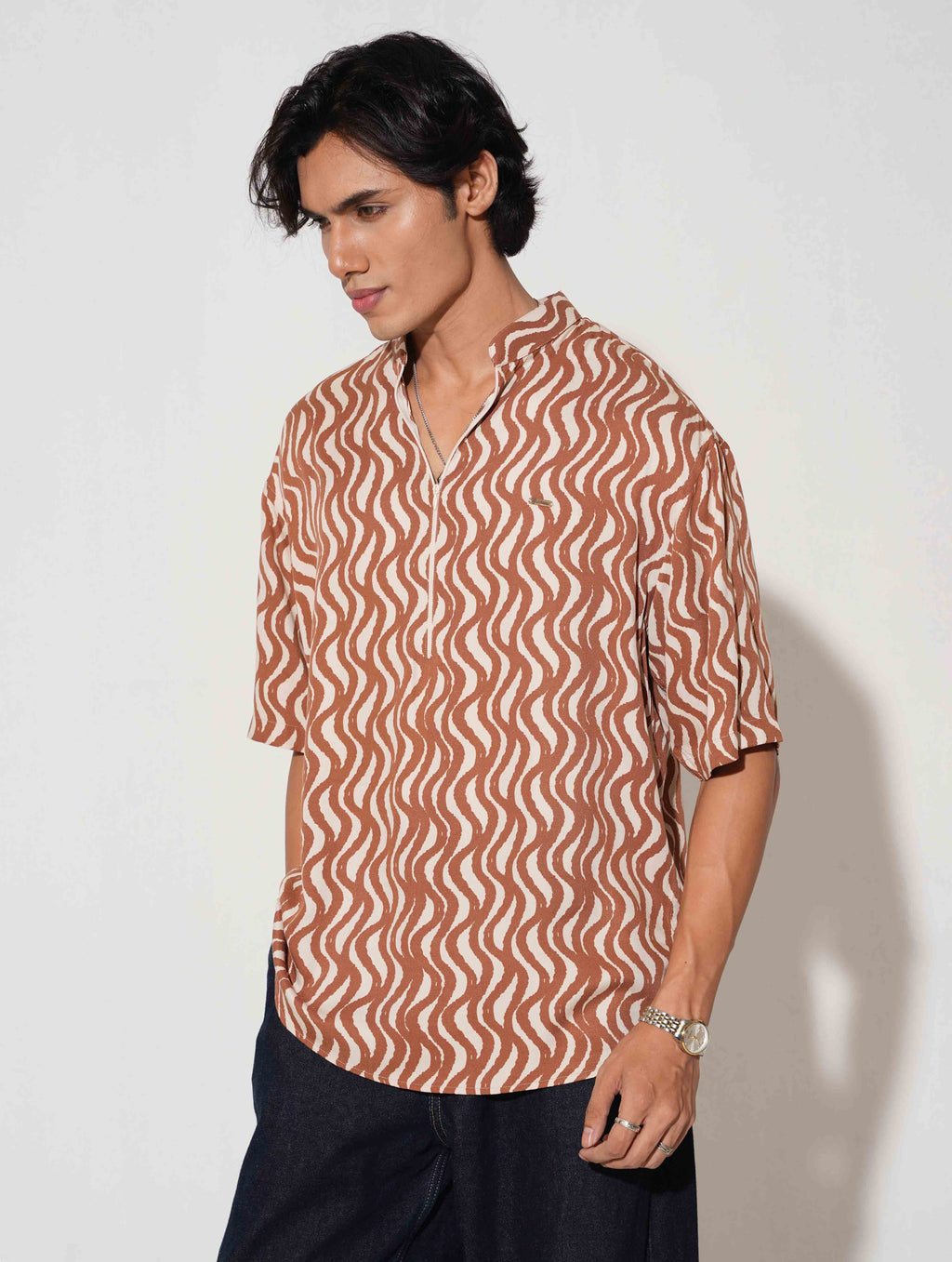 Copper Cream Zipper design drop shoulder half shirt