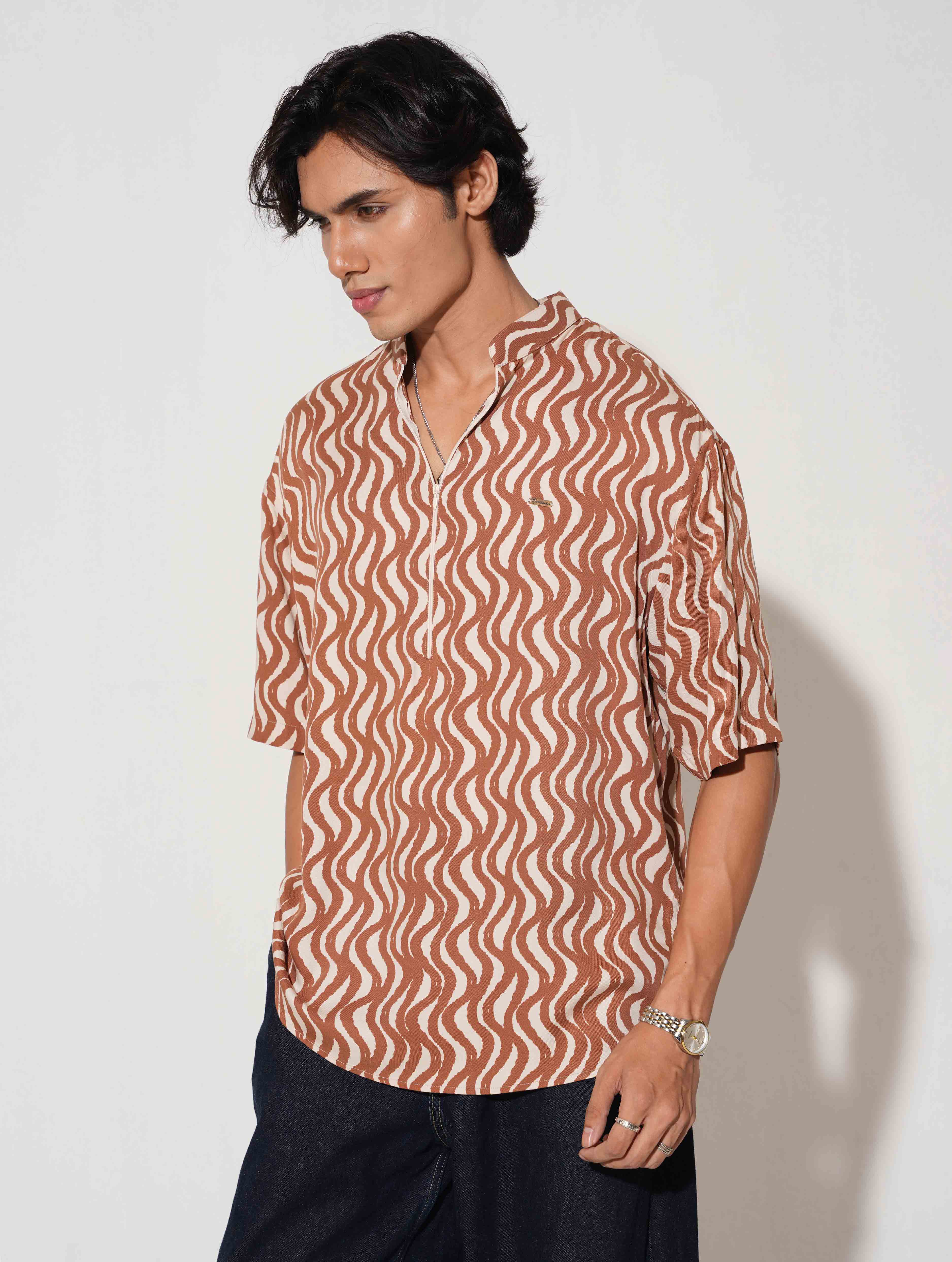 Copper Cream Zipper design drop shoulder half shirt