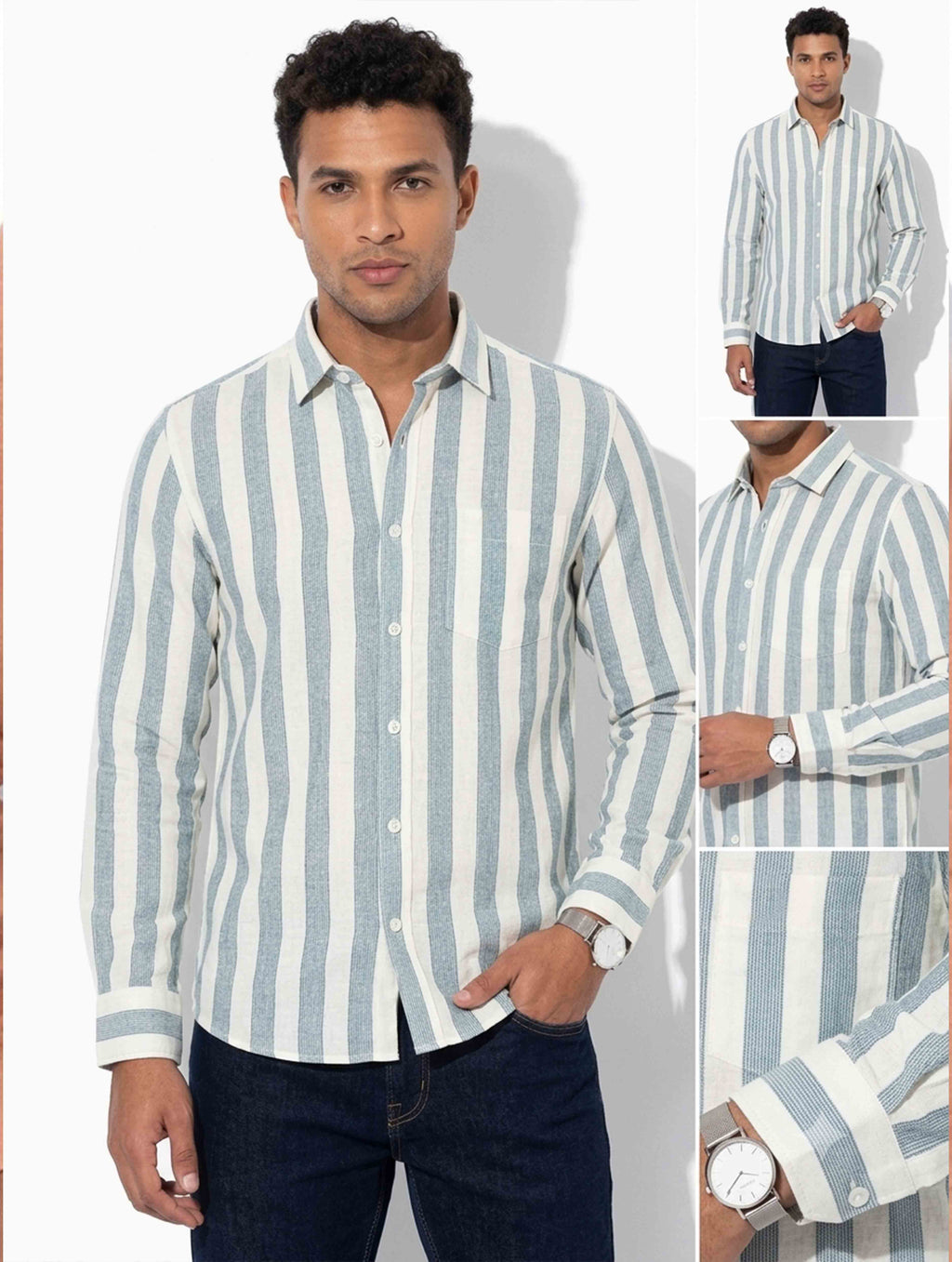 White Faded Sky Stripe Remi Cotton Full Sleeve