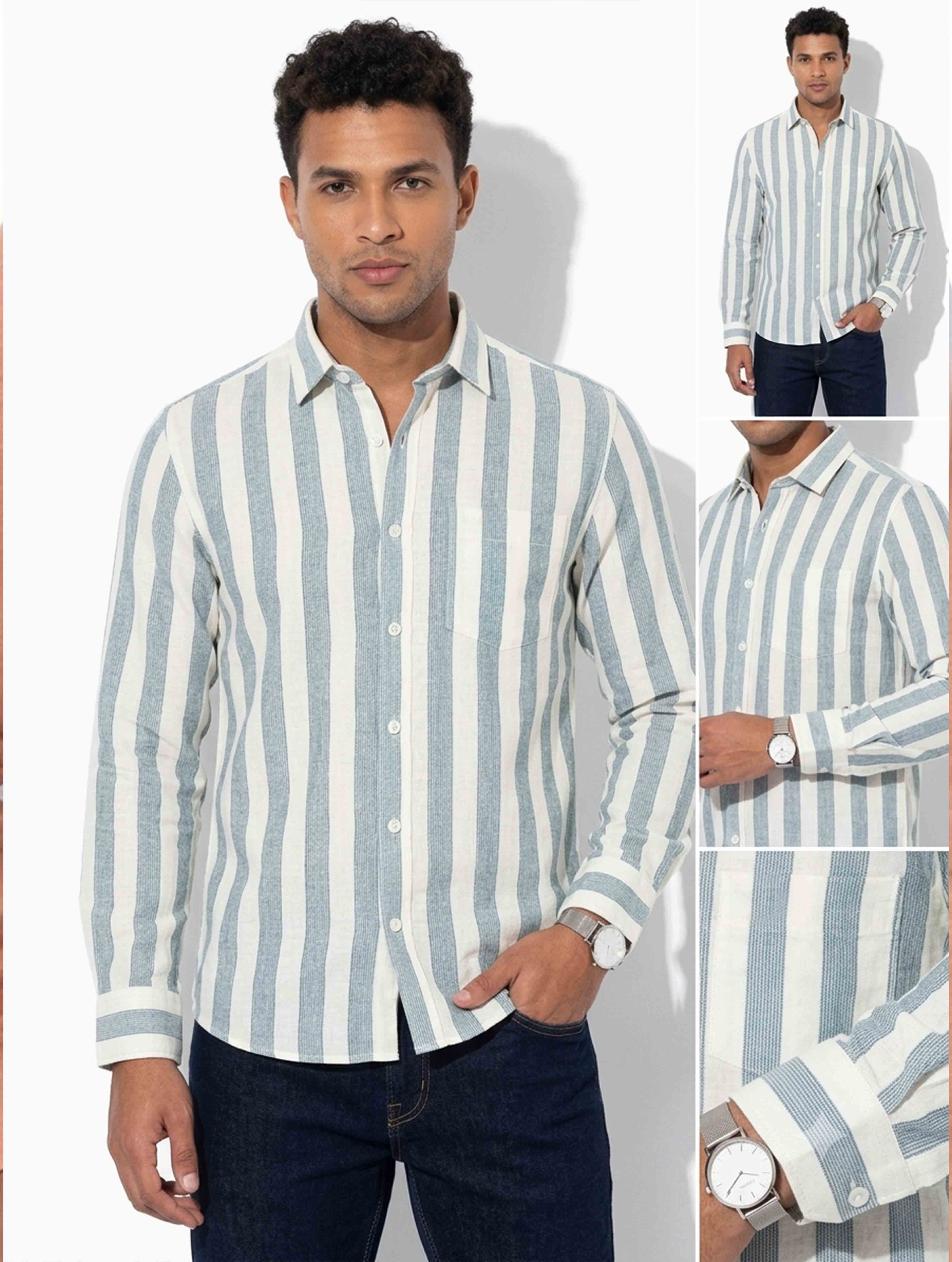 White Faded Sky Stripe Remi Cotton Full Sleeve