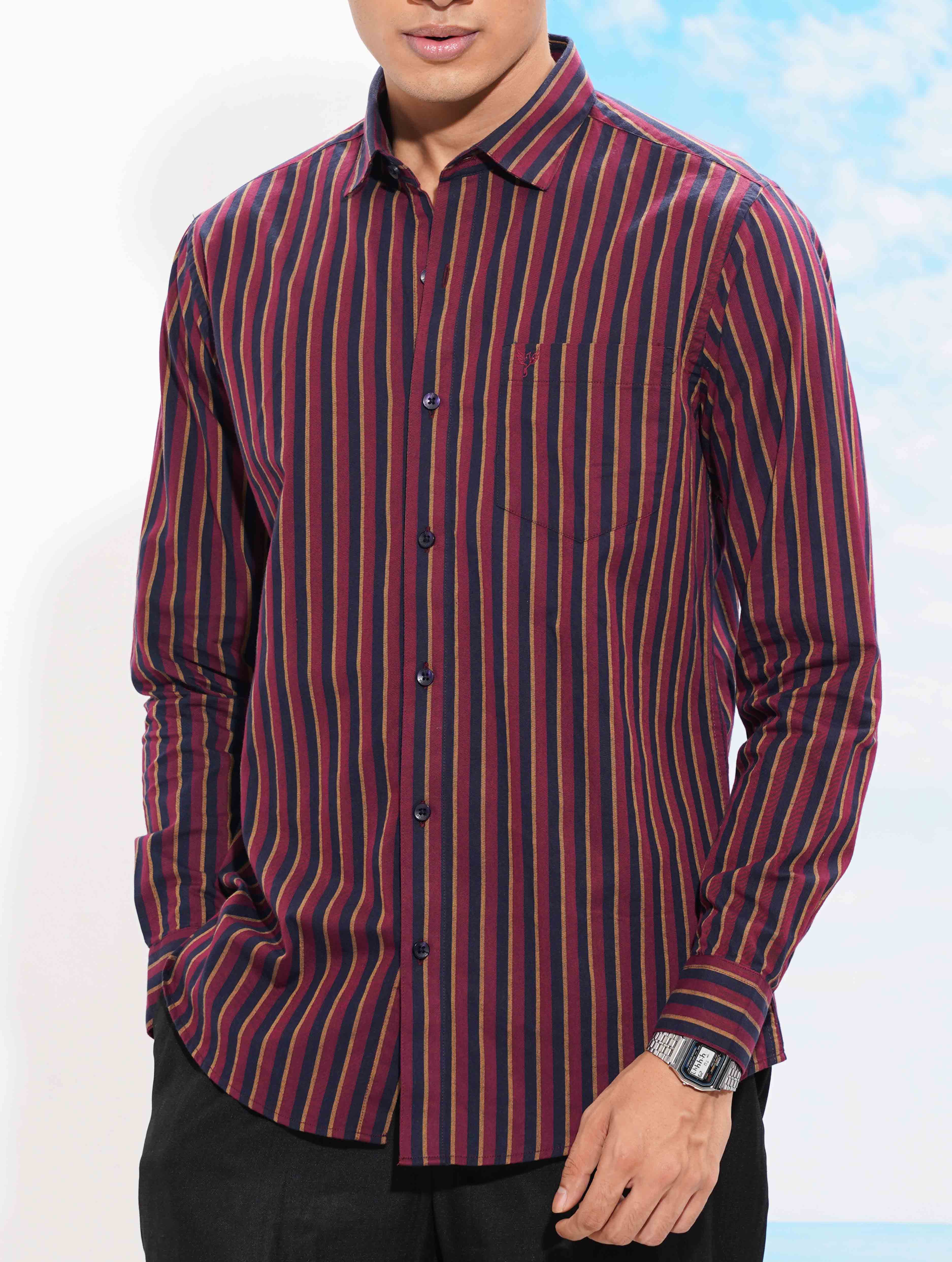 Deep maroon mustard stripe full sleeve shirt