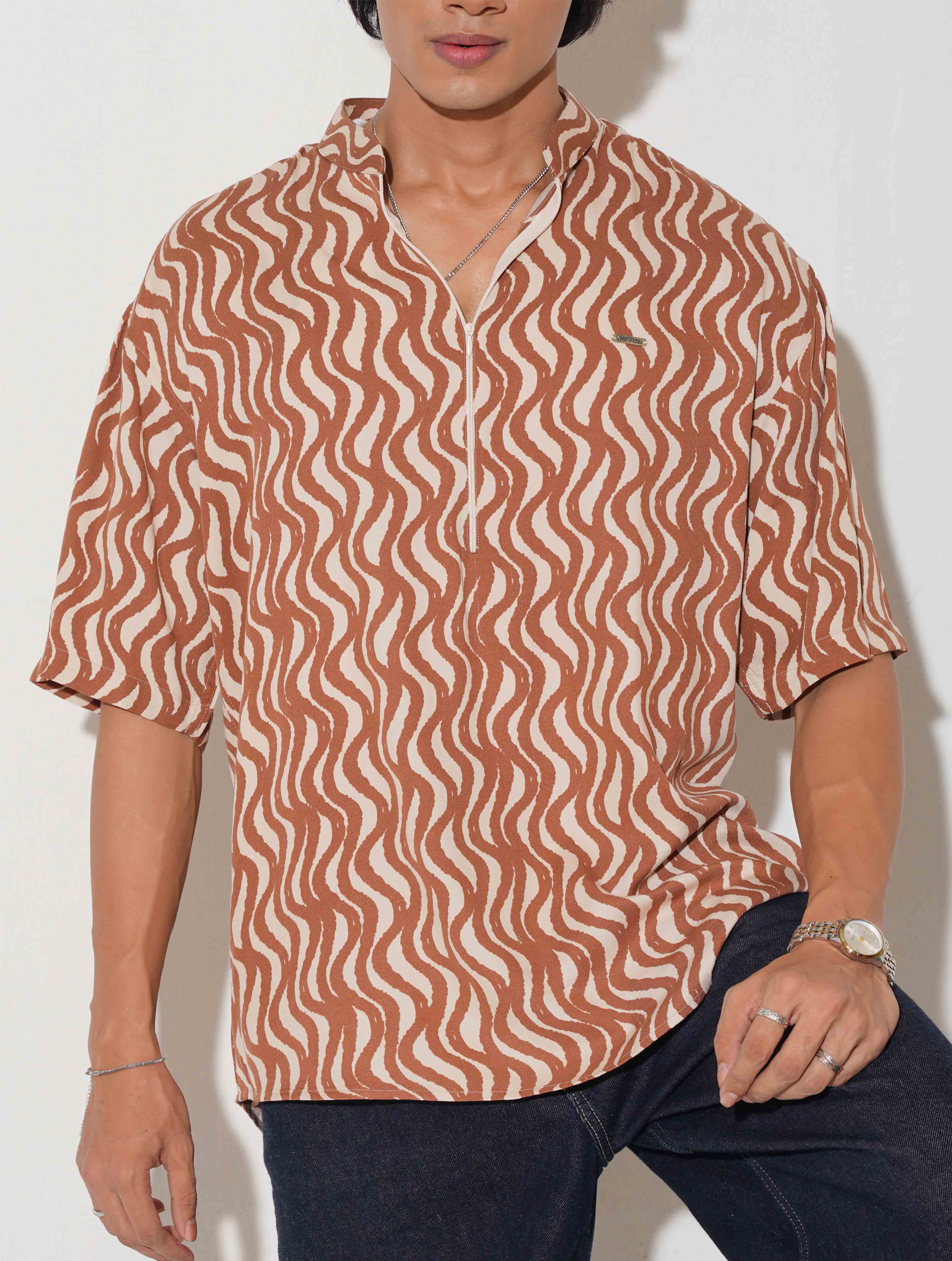 Copper Cream Zipper design drop shoulder half shirt