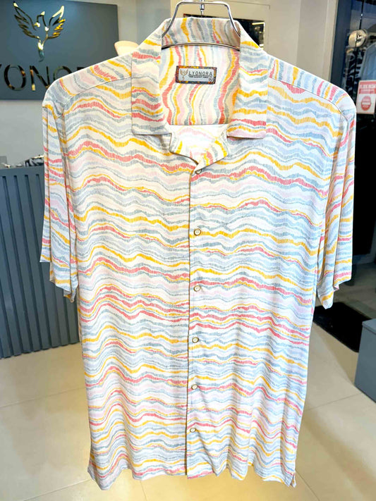 White-yellow-pink printed linen havana shirt