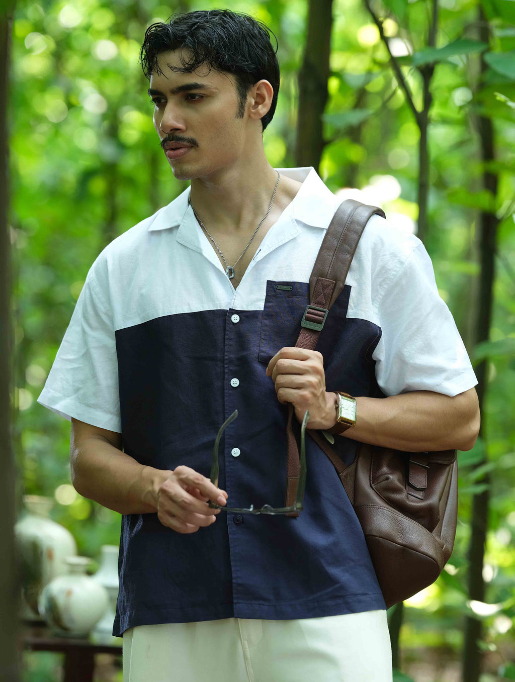 White - Navy Blue Contrast Remi Cotton Havana Shirt
