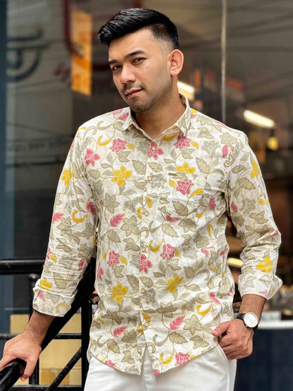 Cream multicolor flower printed full sleeve shirt