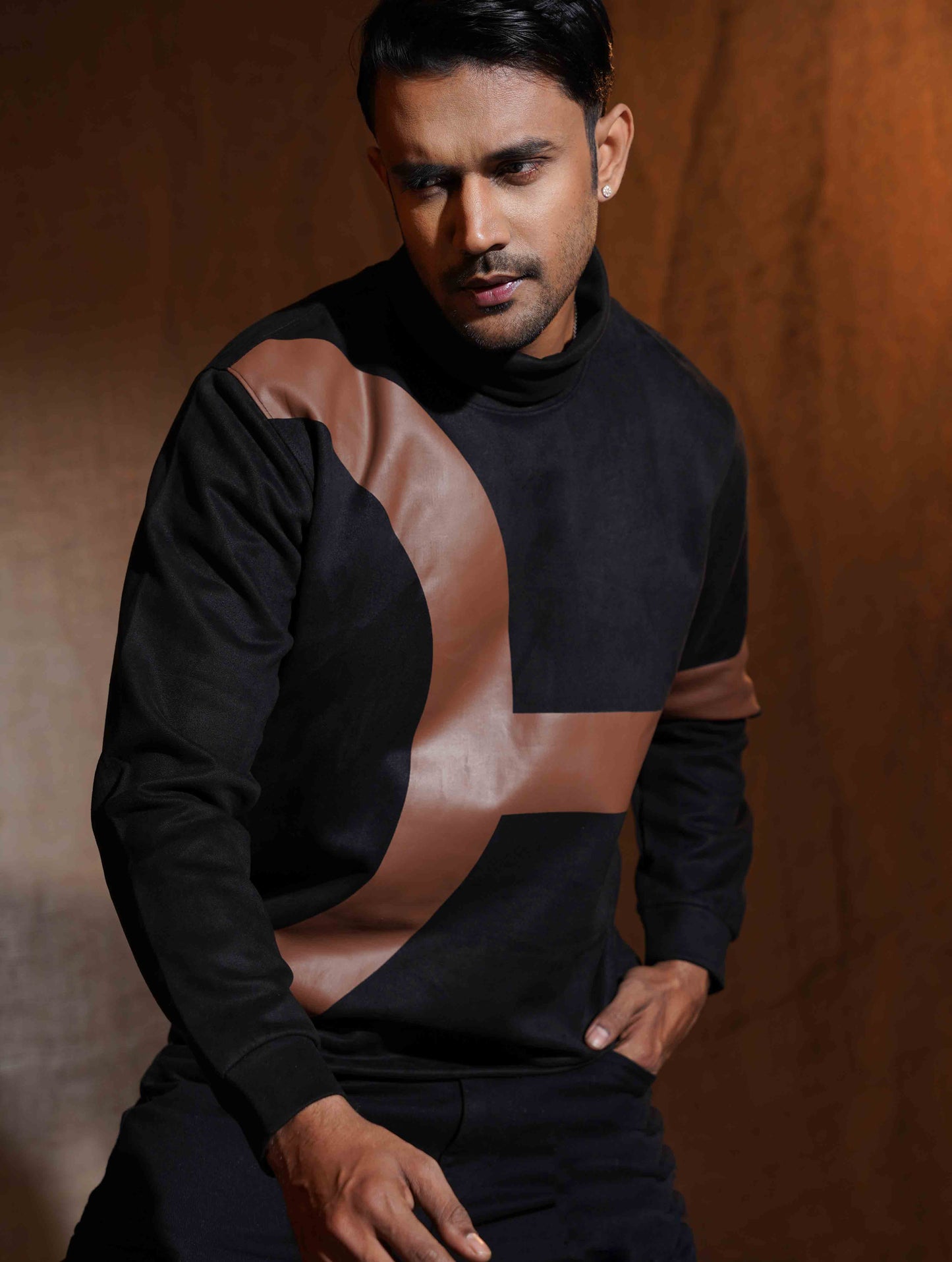 Liquorice Black - Brown Suede leather High Neck Sweat Shirt