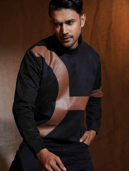 Liquorice Black - Brown Suede leather High Neck Sweat Shirt