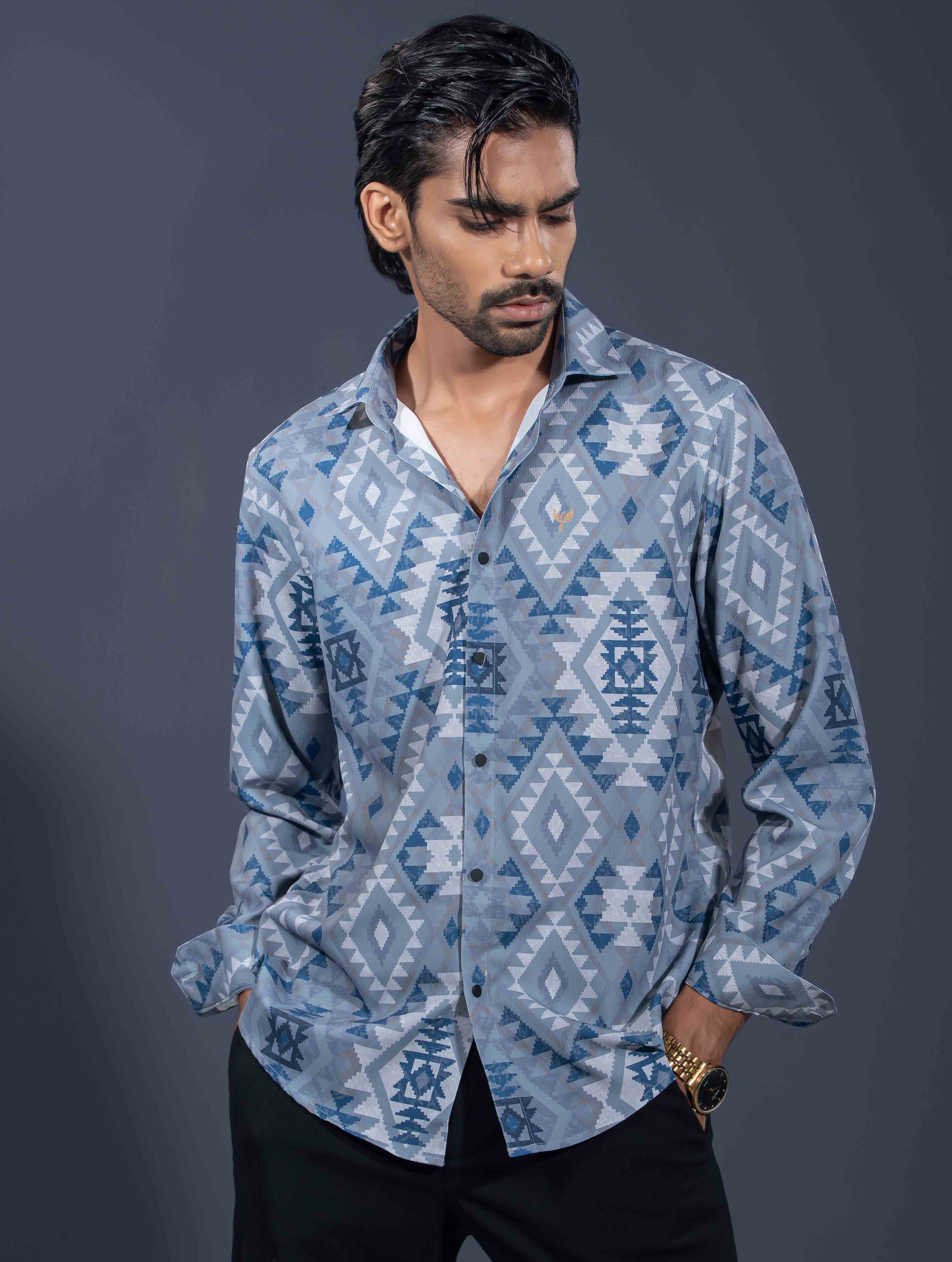 Grey Blue Pixel printed premium shirt