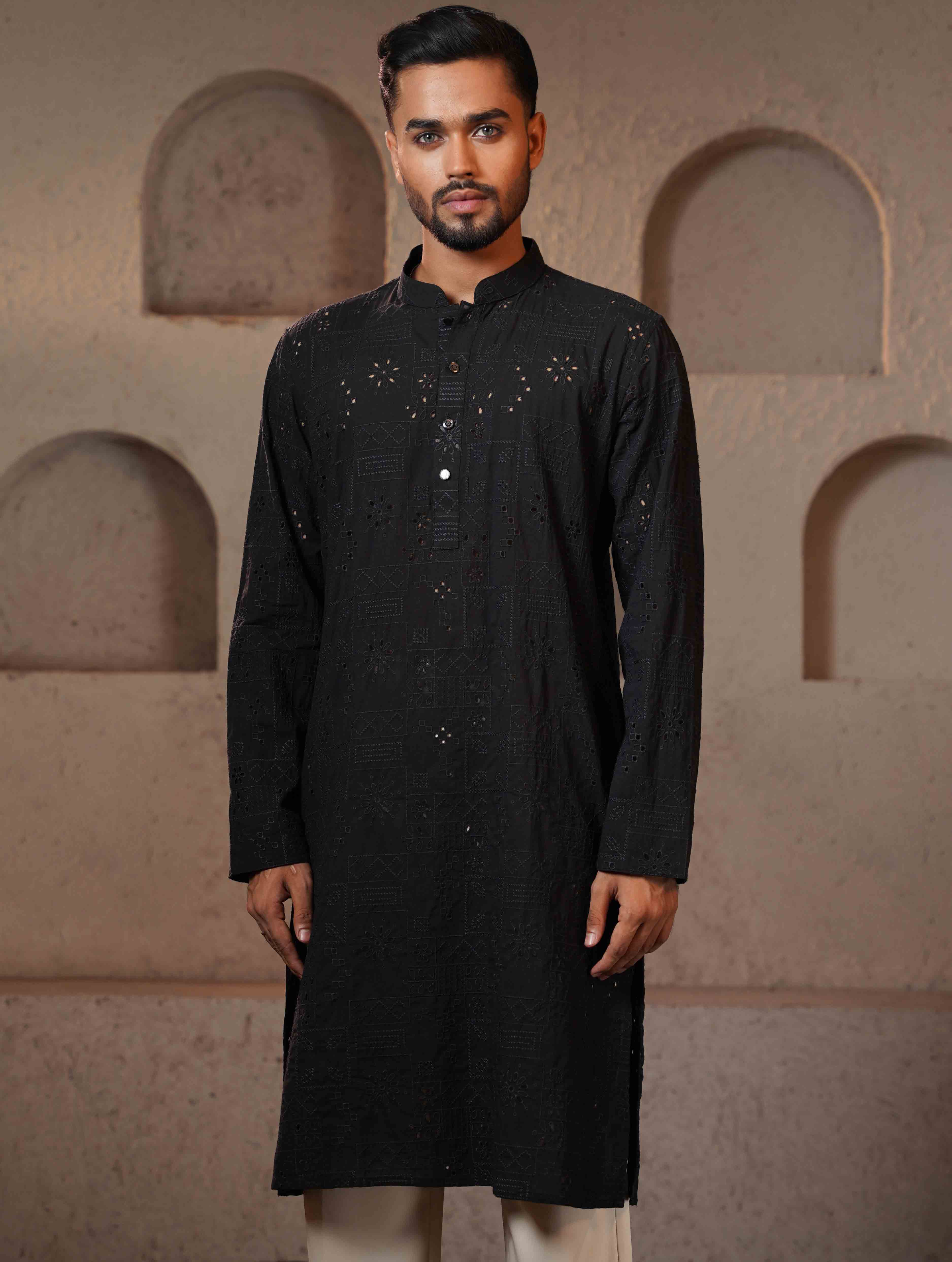 Matte Black Texture Premium Cotton Panjabi