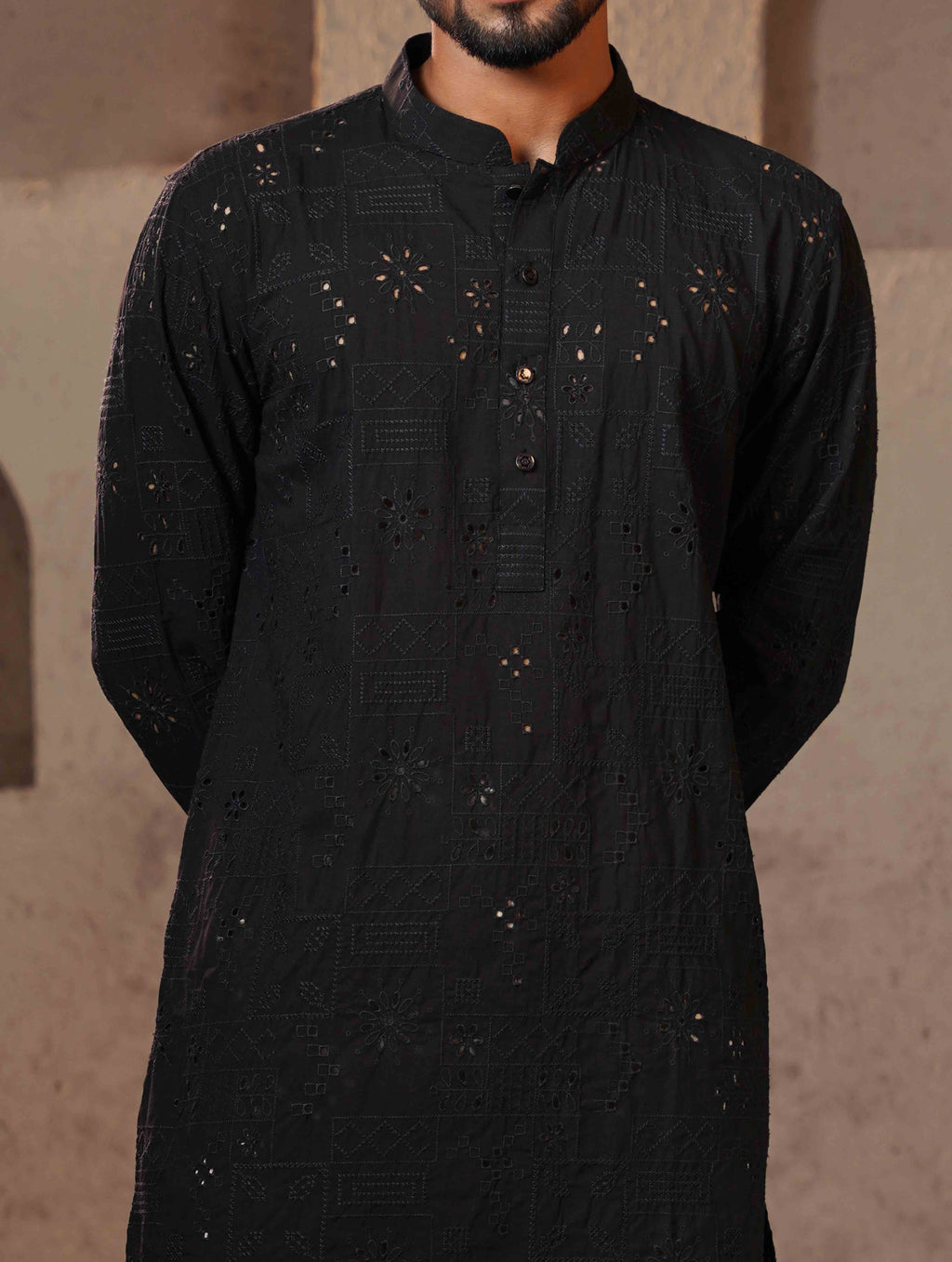 Matte Black Texture Premium Cotton Panjabi