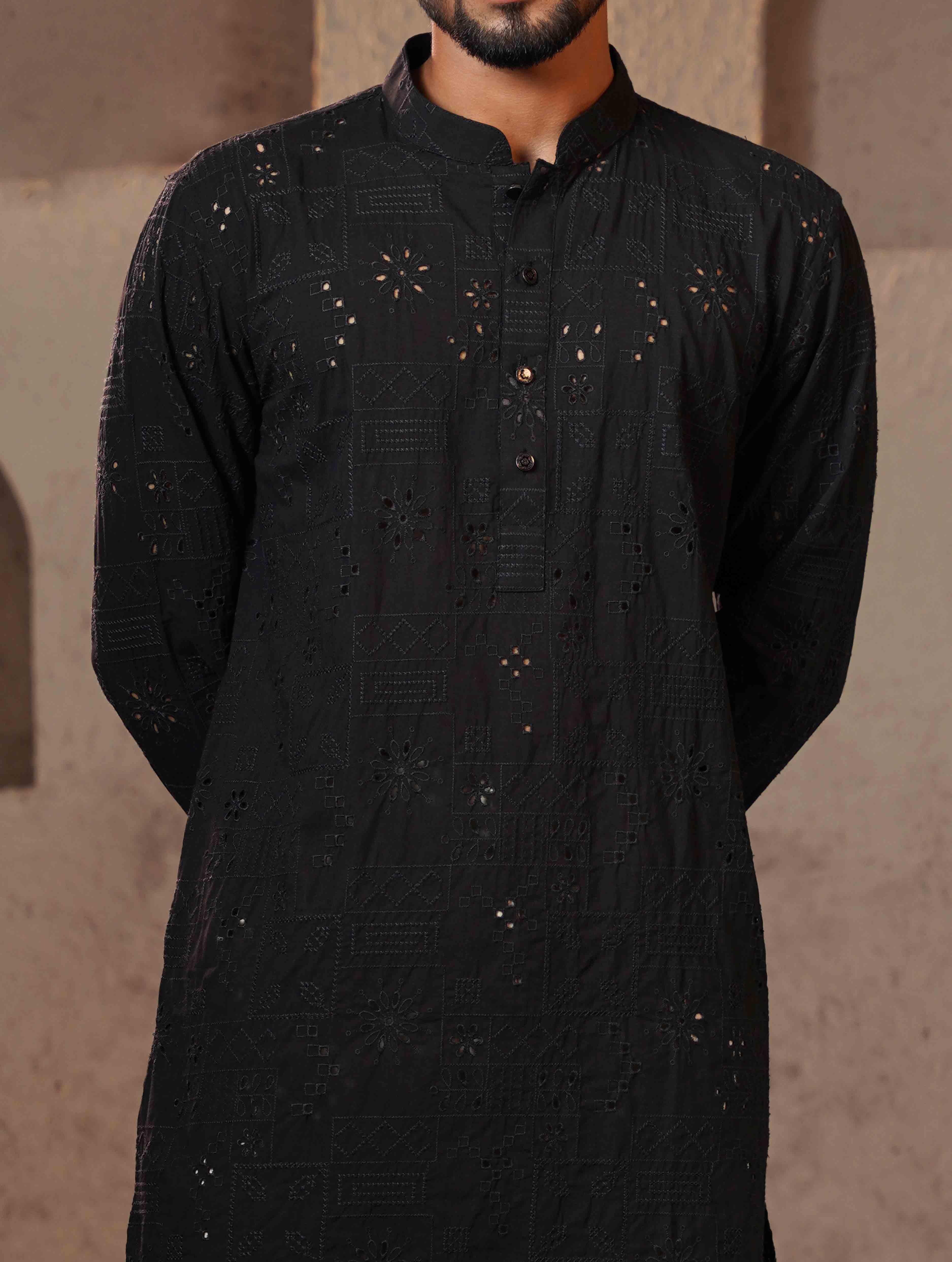 Matte Black Texture Premium Cotton Panjabi