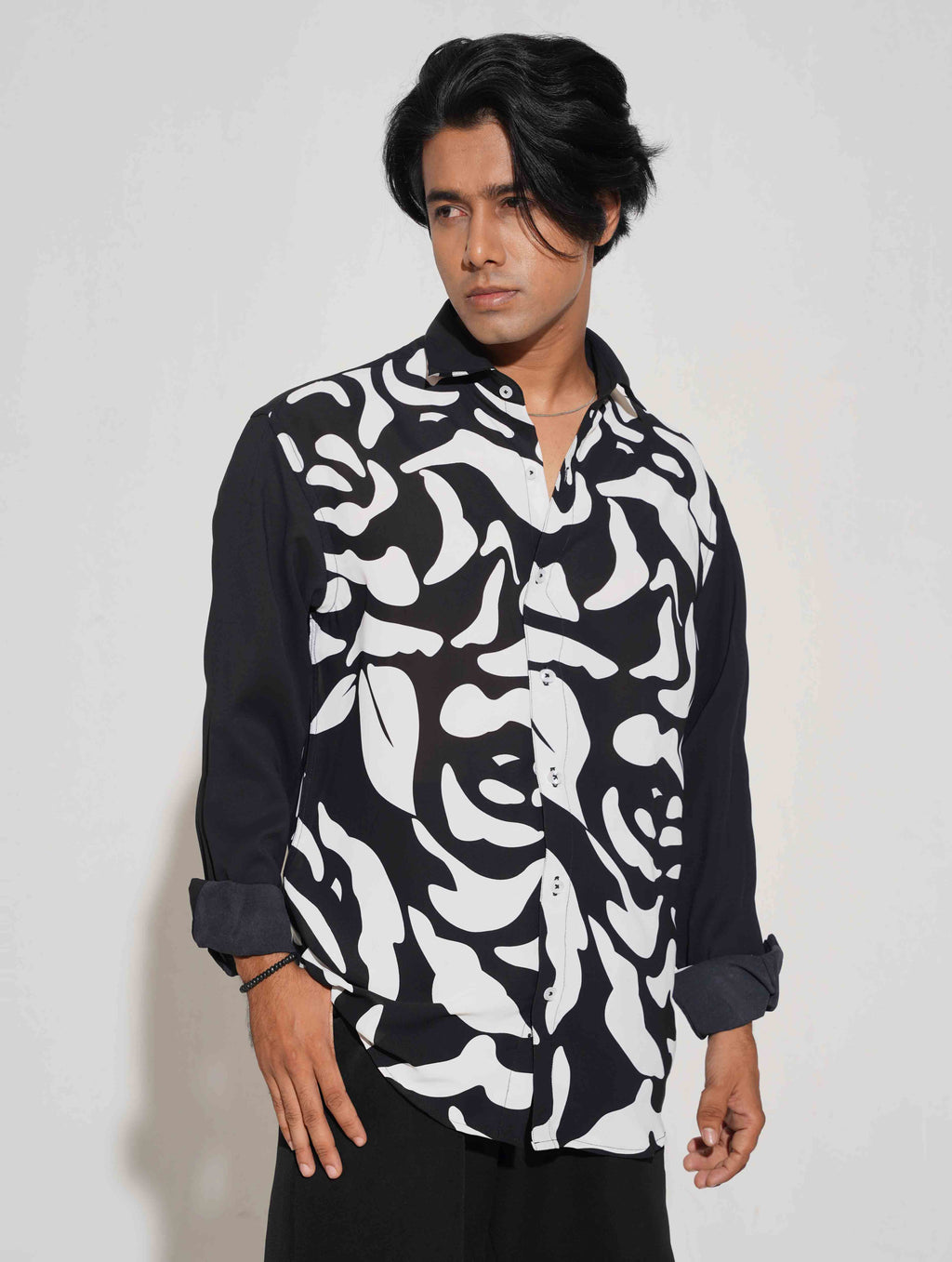 Black white printed hand contrast full sleeve shirt