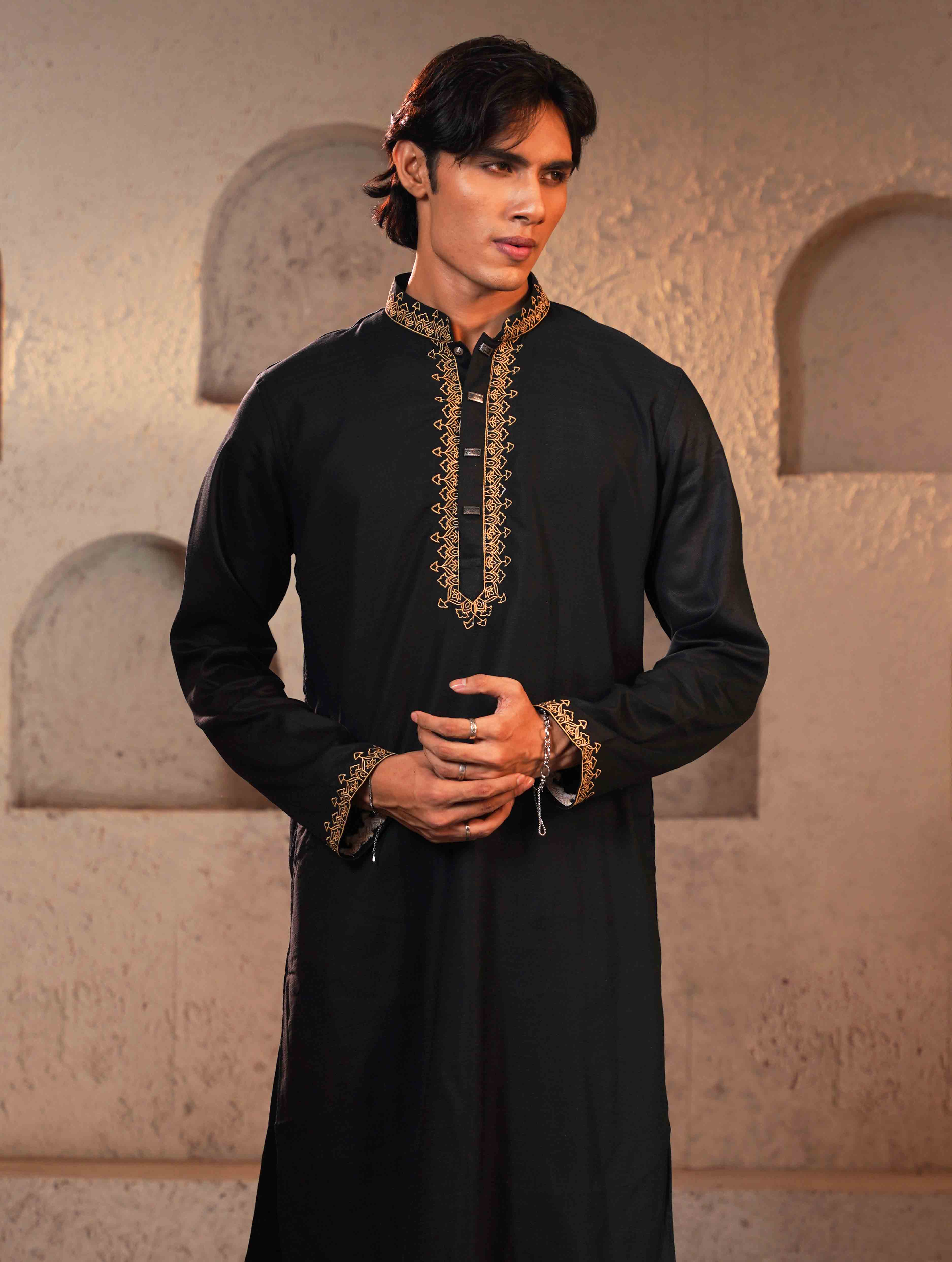 Onyx Black mosque dome embroidery panjabi