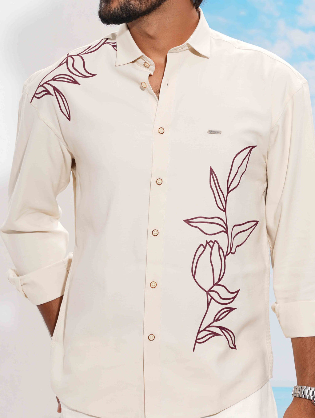 Cream Maroon Flower print full Sleeve Shirt