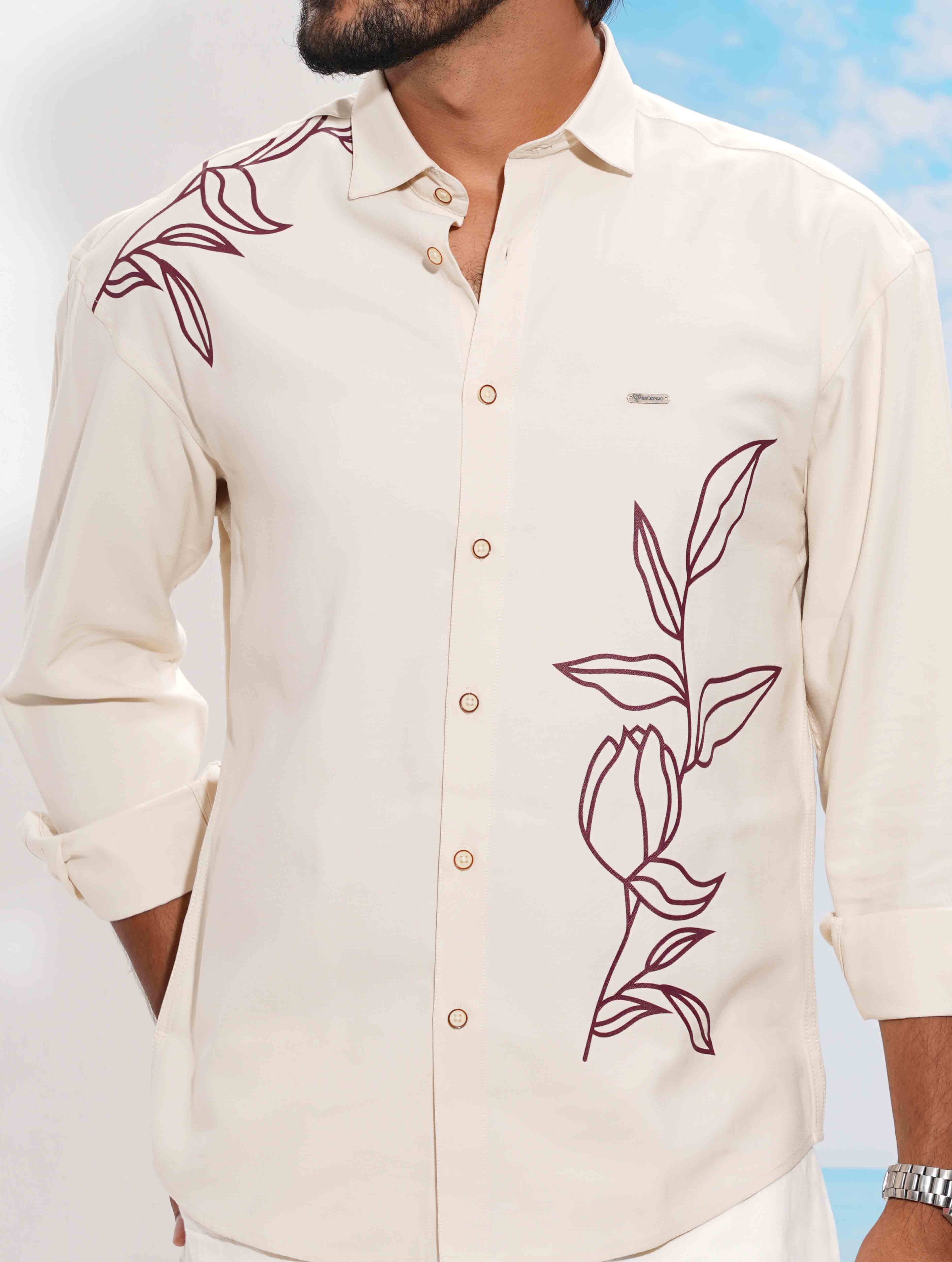 Cream Maroon Flower print full Sleeve Shirt