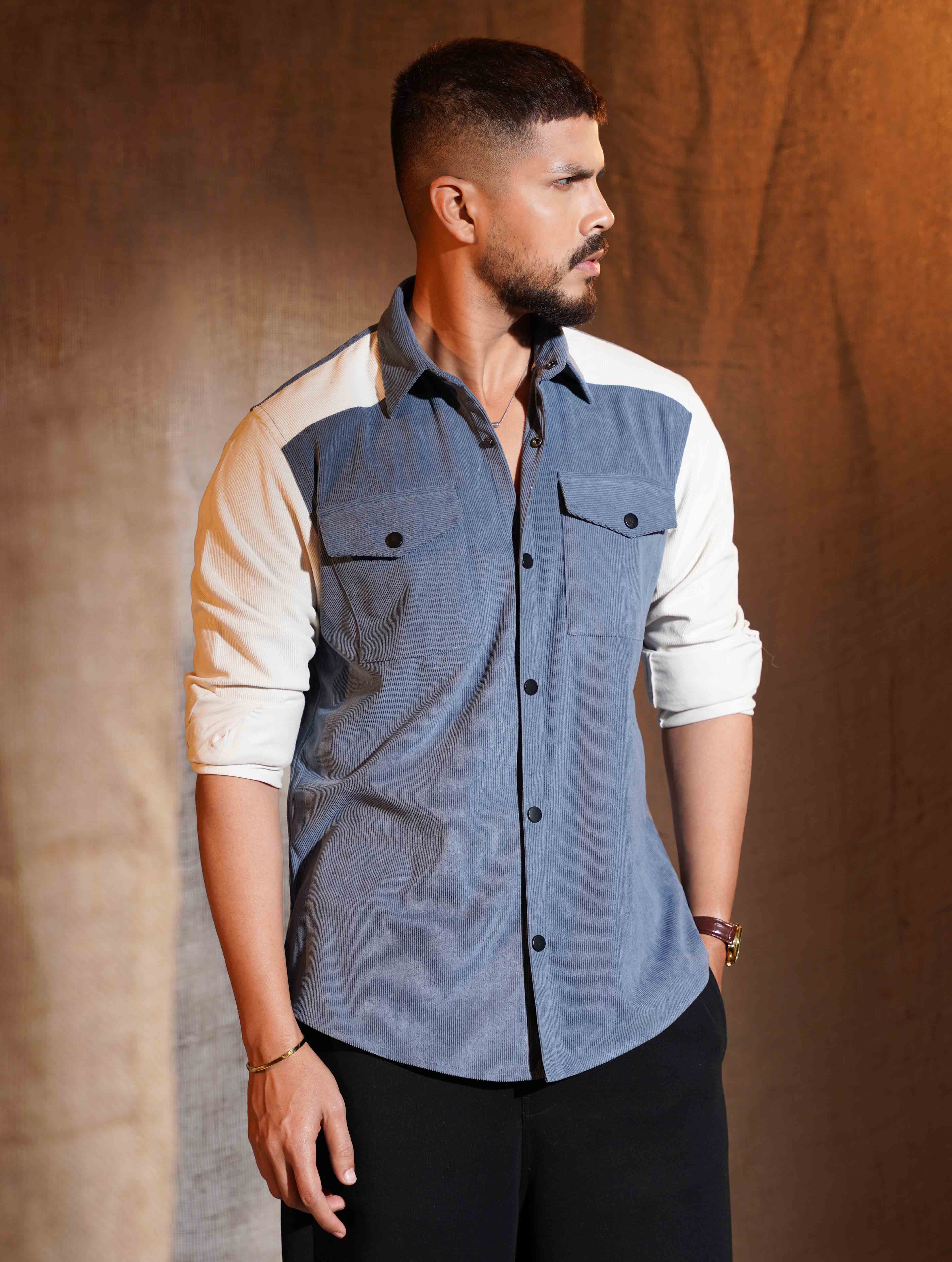 Sky blue Cream Contrast Premium Cord Shirt