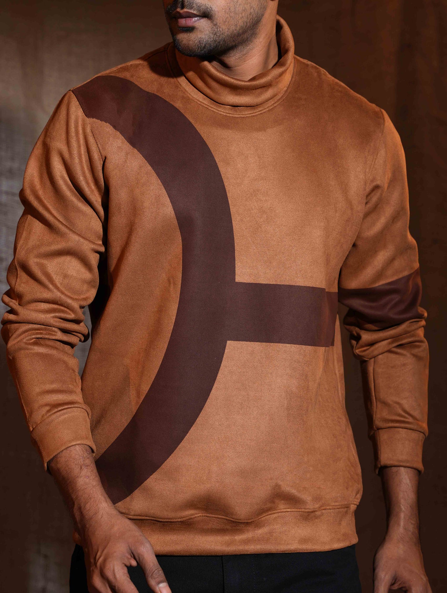 Copper Brown - Chocolate Suede leather High Neck Sweat Shirt