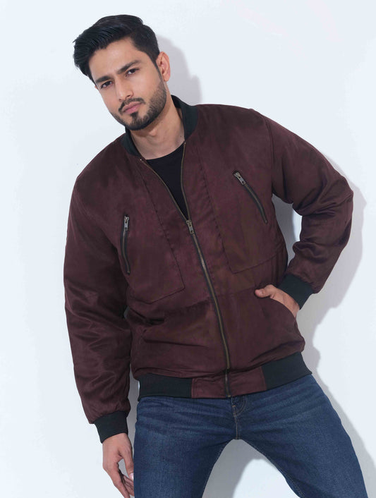 Coffee zipper contrast suede leather jacket