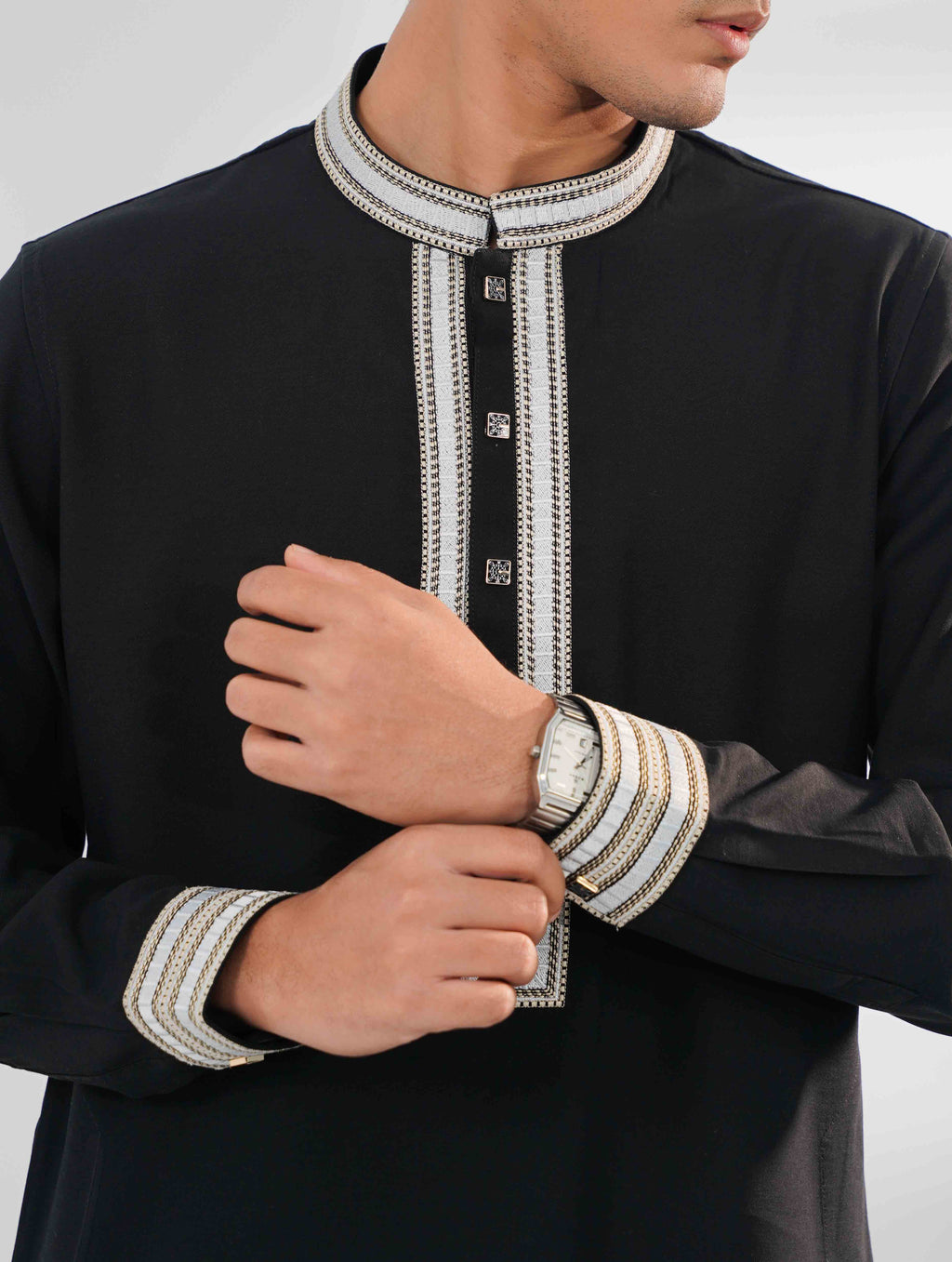 Italian Black Heritage Thread Embroidered Tencel panjabi