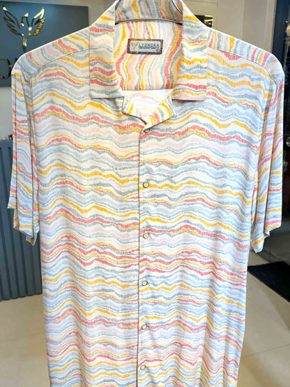 White-yellow-pink printed linen havana shirt