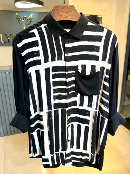 Black and white cross parallel printed full sleeve shirt